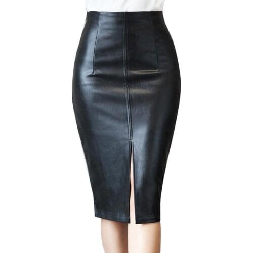 Women Skirts Stylish Solid Color High Waist Faux Leather Front Slit Midi Bodycon Skirt 2021