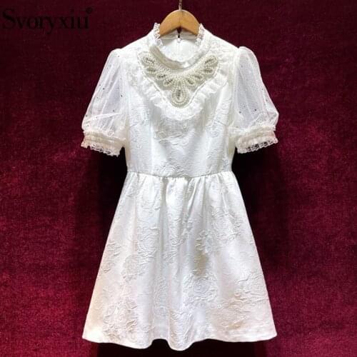 Svoryxiu Runway Designer Summer Elegant White Short Dress Womens luxury Beaded Lace Flower Jacquard Party Mini Dresses