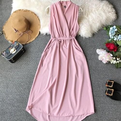 Ladies Spring Summer New 2021 Chiffon Long Length Chic Dress V Neck Sleeveless Bandage High Waist Solid Womens Dress