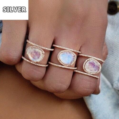 3 Colors 925anillos Silver Vintage Women Wedding Ring & Engagement Ring New Antique Zinc Oval Moonstone Women Opal Ring