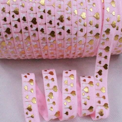 15mm Fashion 5/8 Inch Fold Over Elastic Foe Valentine #123 pearl pink gold heart Printed Headband Baby & Kids
