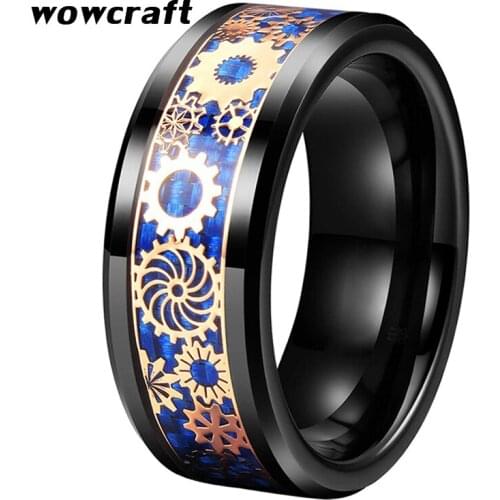 8mm Rose Gold Tungsten Carbide Rings Gears Blue Carbon Fiber Inlay Polished Shiny Wedding Bands Black for Men Women Comfort Fit