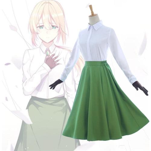 Anime Violet Evergarden Auto Memory Doll Cosplay Costume Outfits White Blouse Green Skirt Gloves Set Uniform Women