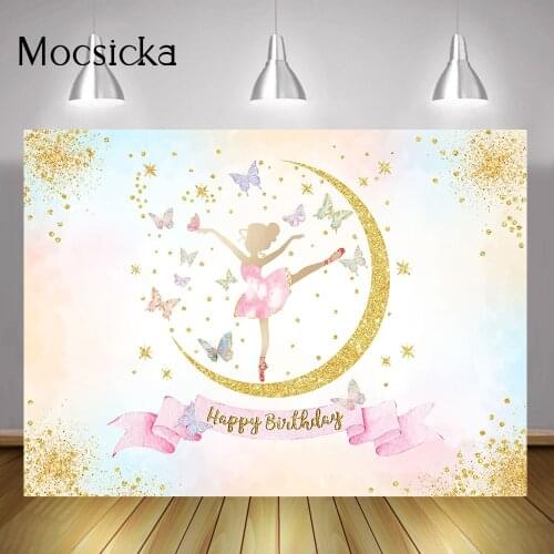 Butterfly Elves Happy Birthday Backdrop Decorations Golden Ballet Dancer Birthday Party Photo Background Cake Smash Photoshoot