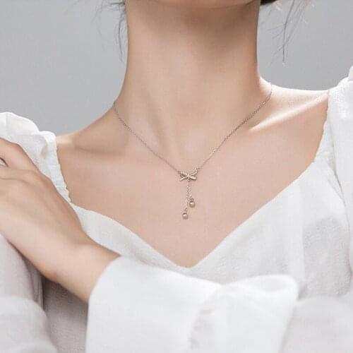 ModaOne Tassel Bowknot Cubic Zirconia Clavicle Chain Silver Color Necklace For Women Girls Fashion Dainty Simple Jewelry Gifts