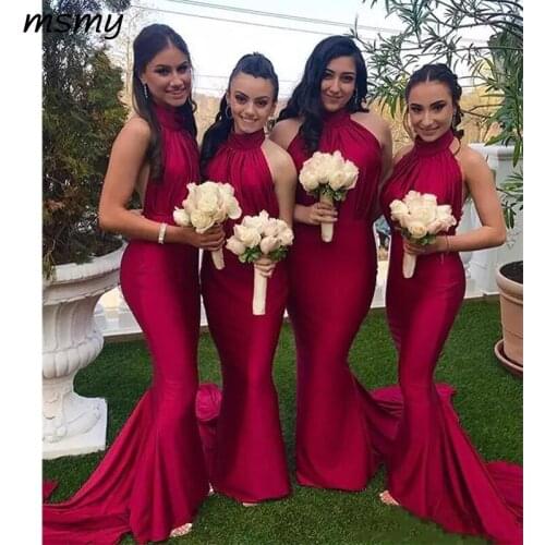 Halter Mermaid Long Slim Bridesmaids Dresses Sexy Backless 2019 Custom Simple Vestidos De Honor Of Maid Cheap Guest Prom Party