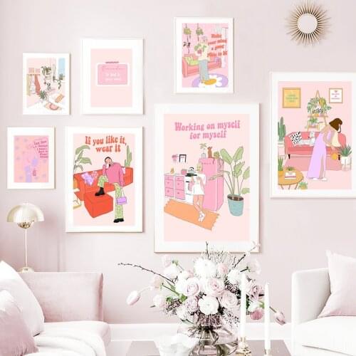 Pink Feminism Fashion Confident Cute Girl Wall Art Canvas Painting Nordic Posters And Prints Wall Pictures For Living Room Decor