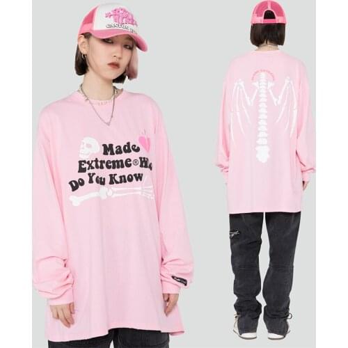 Autumn Men Washed Long Sleeve T-Shirts Hip Hop Skeleton Letter Print Tshirts Harajuku Streetwear Casual Cotton Tops Tees