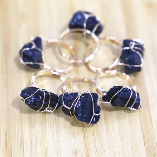 6pcs Natural Stone Gold-color Adjustable Ring Irregular Black Tourmaline Blue Crystal Finger Rings for Women Trendy Jewelry