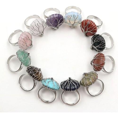 XSM Round Bead Stone Finger Rings Natural White Crystal Quartz Black Agates Tree of Life Wire Wrapped Resizable Women Ring 1 Pcs