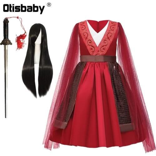 Christmas Halloween Mulan Costume Summer Toddler Mulan Dress Birthday Party Tulle Sleeve Red Dresses for Girls Gongfu Sword