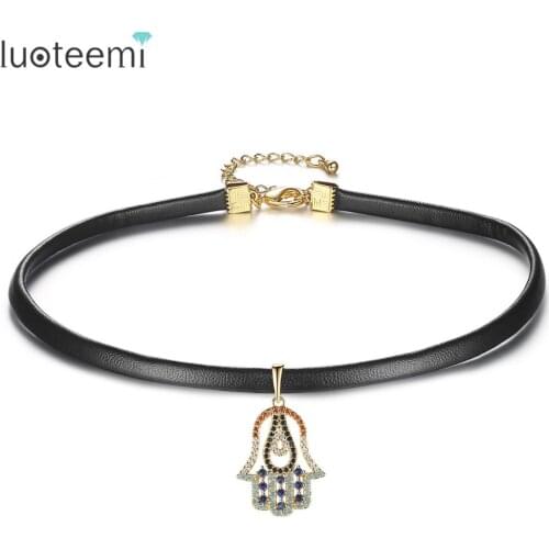 LUOTEEMI Brand Attractive Popular Gothic Style Charms Choker Necklaces for Women & Ladies Black Faxu Leather Elegant Jewelry
