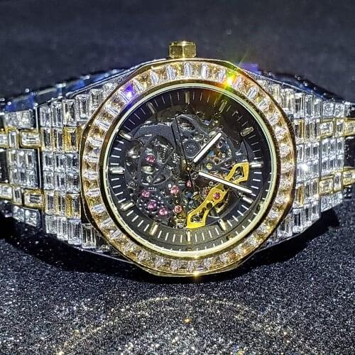 Hip Hop MISSFOX Men Iced Out Watches Automatic Mechanical 18K Gold Baguette Diamond Watches AAA Rolexable Stainless Steel Watch