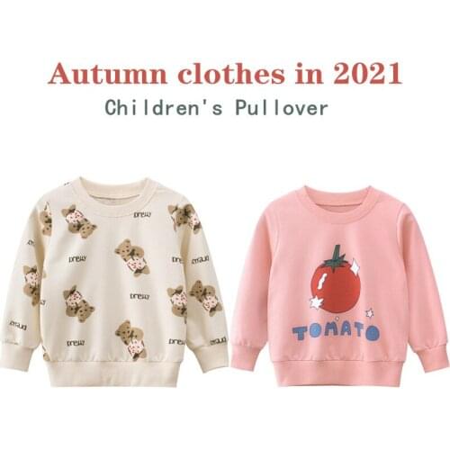 Autumn Childrens Pullover Sweater Korean Cotton Small Terry Round Neck Long Sleeve Cartoon Letter Printed Girls' Top 2021 NEW