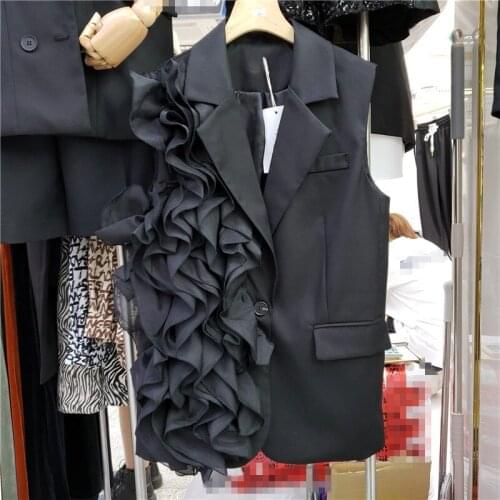 Ruffled Vest Coat for Women Loose-Fitting Waistcoat 2021 Early Autumn New All-Match Outwears White Black Waistcoat