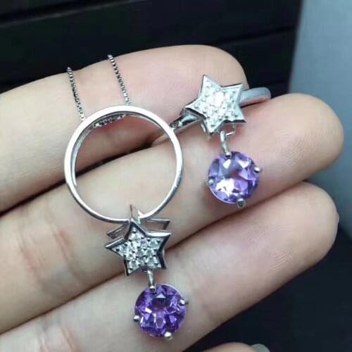 Natural Purple amethyst Ring Pendant Natural crystal Jewelry Set S925 Silver elegant Cute stars girls party gift present jewelry
