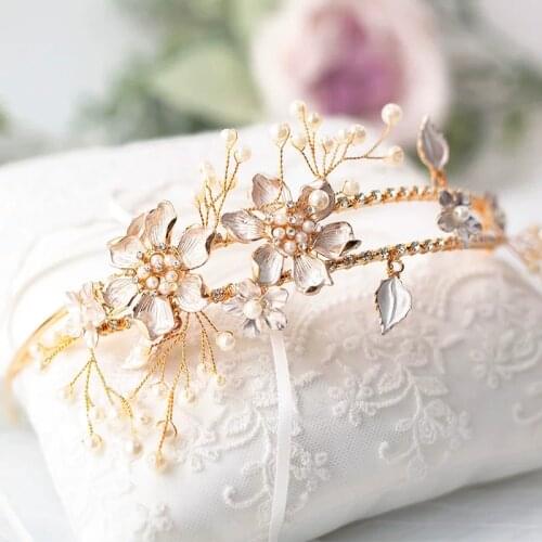 Handmade Gorgeous Gold Wedding Headband Tiaras Pearls Bridal Headpiece Brides Hair Accessories Evening Hair Jewelry