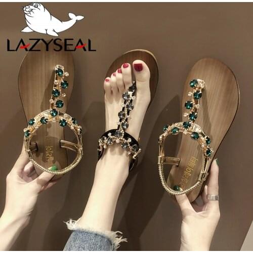 LazySeal Cool Gemstone Beaded Flat Heel Sandals Women Shoes Wood grain Flip Flops Summer Beach Sandals Mujer Sandalias