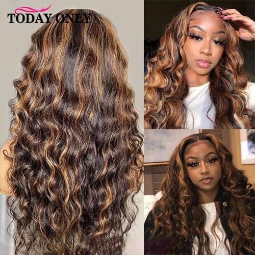 Loose wave dark brown with honey blonde highlight lace front wig human hair loose deep 13x4 virgin remy hair lace front wigP4/27