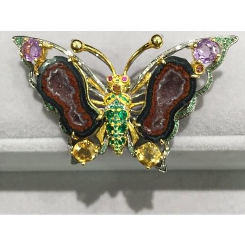 Unisex unique butterfly brooch pendant double use natural agate crystal brooch 925 sterling silver with citrine amethyst