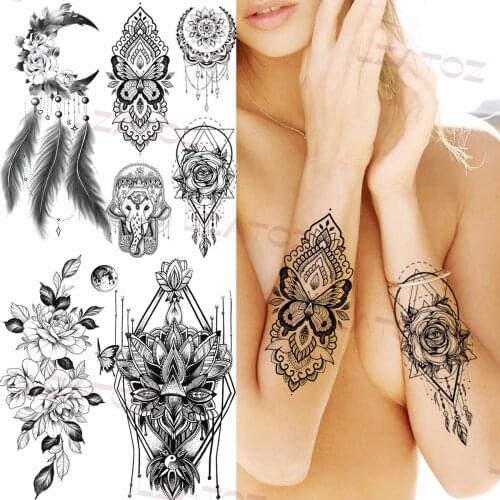 Geometric Henna Butterfly Rose Temporary Tattoos For Women Adult Feather Lotus Peony Fake Tattoo Body Art Half Sleeve Tatoos
