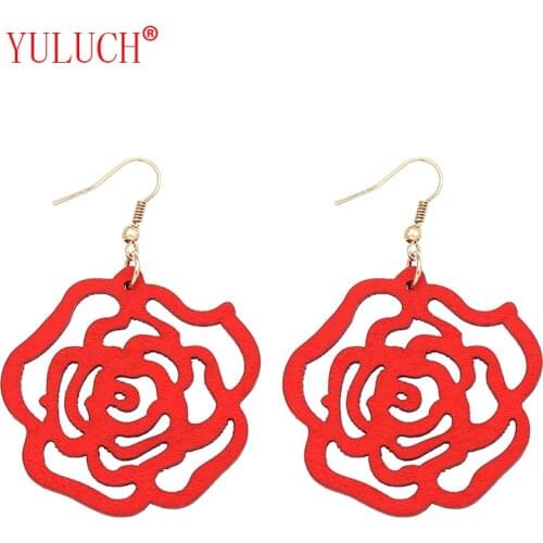 YULUCH New design color natural wooden rose flower hollow pendant for fashion wave beauty woman jewelry earrings accessories