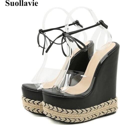 2021 Summer New Straw Weave Women Sandals High Quality PVC Super High Heels 15cm Ankle Wrap Black Party Shoes Size 35-42