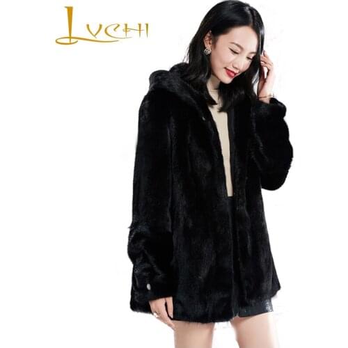LVCHI Winter 2019 Real Mink Fur Coats Womens Long Sleeve With Fur Hood Black Mink Coat Full Pelt Button Medium Slim Mink Coats