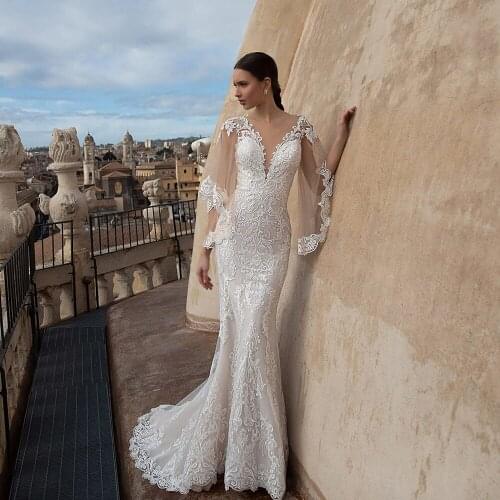 Vestidos De Novia Tulle Mermaid Wedding Dresses Batwing Sleeve Robe De Mariee See Through Back Trouwjurk Beading Appliques