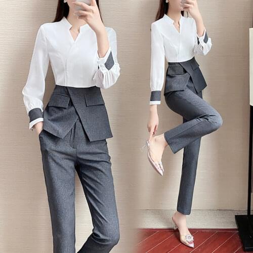 Long Sleeve Trouser Suit Female For Autumn 2021 New Fashion Patchwork Elegant Profession Pantsuits 2 Piece Clothing Sets Women