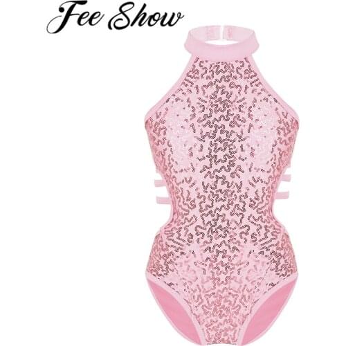 Children Kids Girls Gym Dancewear Sparkly Sequins Cutouts Back Professional Ballet Dance Costumes Gymnastics Leotard Bodysuit