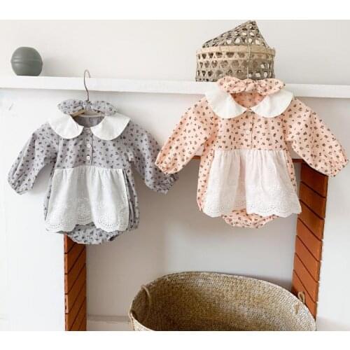 2021 Autumn New Baby Long Sleeve Bodysuit Floral Print Girls Clothes Toddler Cotton Jumpsuit Infant Kid Onesie With Bow Headband