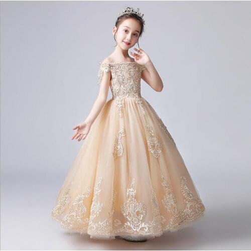 Champagne Lace Flower Gil Party Princess Dresses Wedding Long Gown Off Shoulder Girls Birthday Christmas First Communion Costume