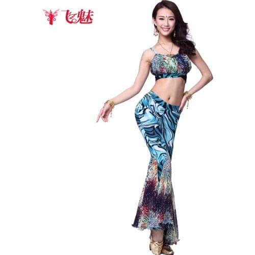 Indian Belly dance costume Crystal Cotton Blue color pattern Set (Top + bell-bottoms)2pcs/suit Tribe dance clothes
