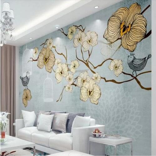 Custom wallpaper hand-painted vintage Phalaenopsis TV background decorative painting - high quality silk cloth
