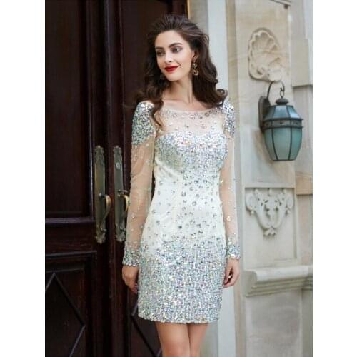 Backless Cocktail Dresses Sheath Scoop Long Sleeves Short Mini Tulle Crystals Elegant Party Homecoming Dresses