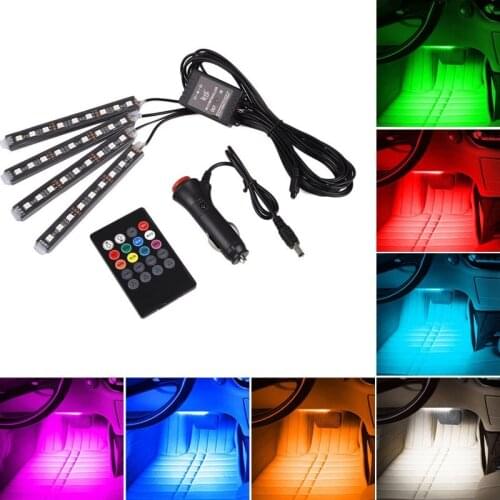 EURS 4pcs/sets RGB LED Car Interior Lighting Kit styling interior decoration atmosphere light and Wireless Remote music Control