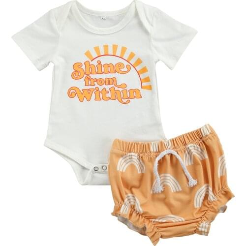 2 Pieces Kids Suit Set, Summer Letter Print O-Neck Short Sleeve Romper+ Rainbow Print Shorts, 0-18 Months