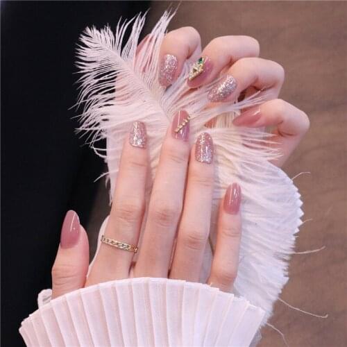 24Pcs/Set Fake Nails Press on Girls Finger Beauty False Nail Art Tips Bright Shining 3D Diamond Full Cover French Nail Art Tips
