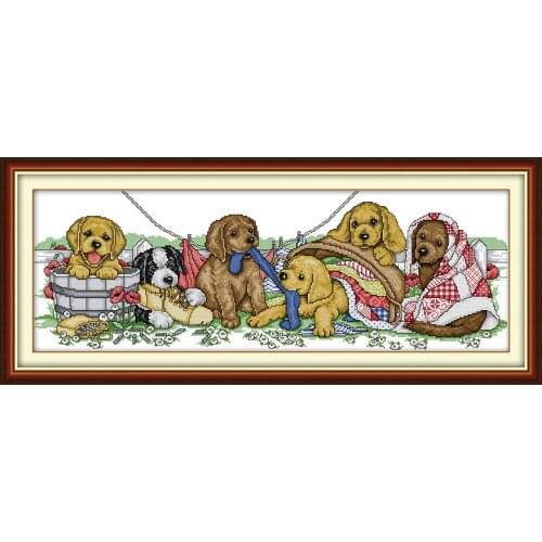 NKF Six Puppies Animal Cross Stitch Kits 11CT 14CT Chinese Cross Stitch Pattern Embroidery Needlework Set for Home Decor
