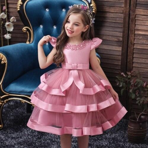 New Year Baby Girls Satin bead bow tutu Wedding Party Dresses for Girls Toddler Christmas Vestidos Formal Dress Kids Clothing
