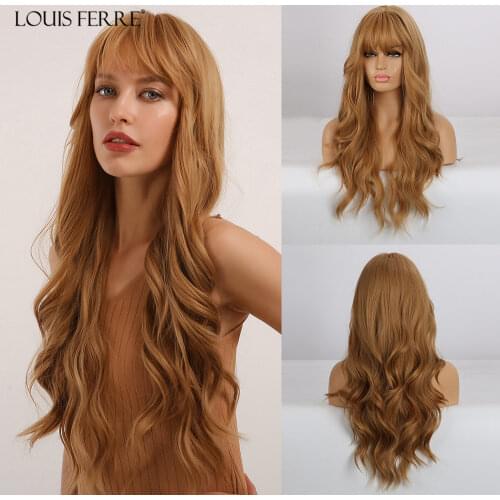 LOUIS FERRE Long Light Brown Blonde Honey Water Wave Wigs with Bangs Heat Resistant Fibre Synthetic Cosplay Wigs For Women Afro