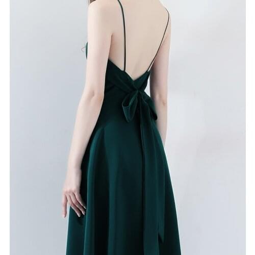 Thin Ladies Birthday Party Dress Noble Sexy Suspenders V-neck Halter Belt Heavy A-line Knee-length Dark Green Spaghetti strap