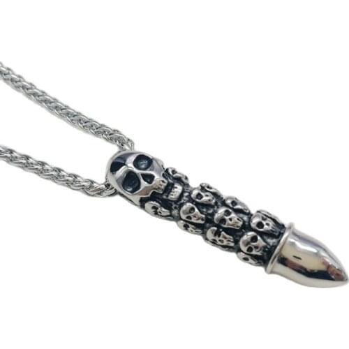 Arrival 316L Stainless steel Full skull bullet pendant necklace mens cool Dragon bullet charm necklace jewelry CARA0354