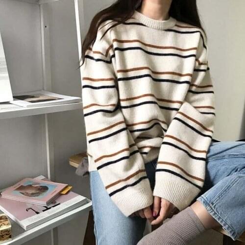 Pullovers Women Oversize O-Neck Bf Unisex Student Striped Knit Sweater Hip Hop Female New Winter Fashion Retro Daily
