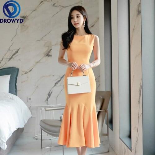 Plus Size Casual Orange Dress Women Sleeveless Ruffles Bodycon Wrap Dress Women Trumpet OL Office Summer Dress 2021 Ropa Mujer