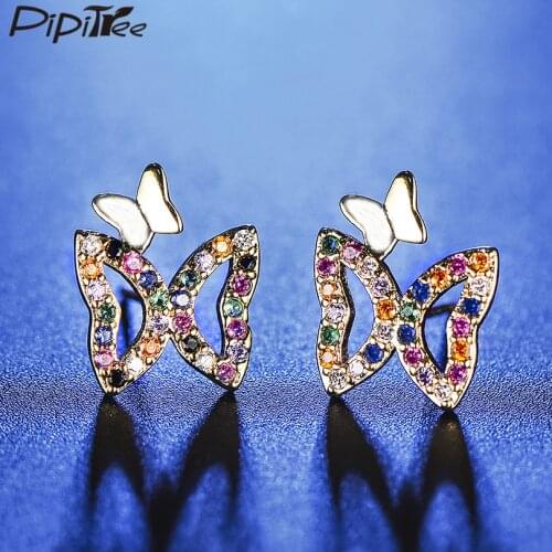 Pipitree Beautiful Double Butterfly Stud Earrings Copper Cubic Zirconia CZ Earrings for Women Girls Fashion Costume Jewelry Gift