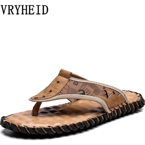 VRYHEID Handmade Mens Flip Flops Genuine Leather Luxury Slippers Beach Casual Sandals Summer For Men Fashion Shoes Big Size 48