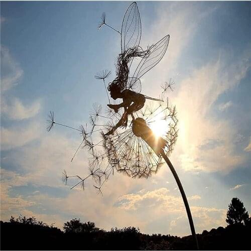 Fairies and Dandelions Dance Ornaments Yard Art Outdoor Metal Lawn Landscape Sculpture Decor Together Garden Decorative Stake
