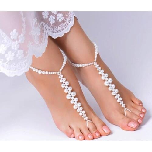 Boho Imitation Pearl Beaded Elasticity Toe Ring Anklets Summer Beach Barefoot Sandals Bridal Wedding Foot Jewelry Women Anklets